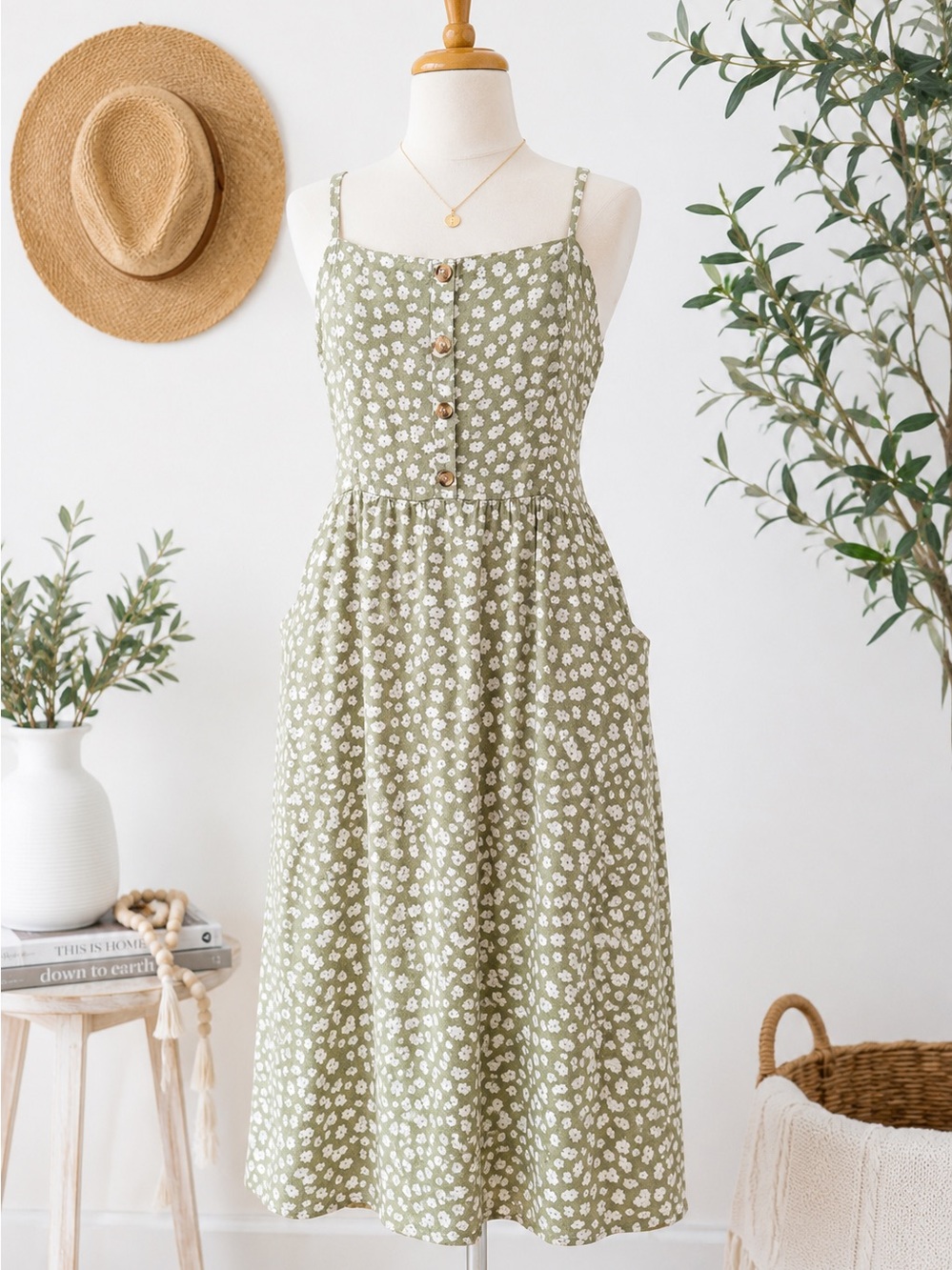 DIP Sage Green Floral Midi Dress with Pockets Size XL Cottagecore